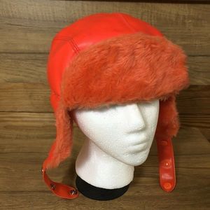 VTG Leather Bomber Hat Pilot Trooper Blaze Orange Warm Mens Medium Outdoor Hunt